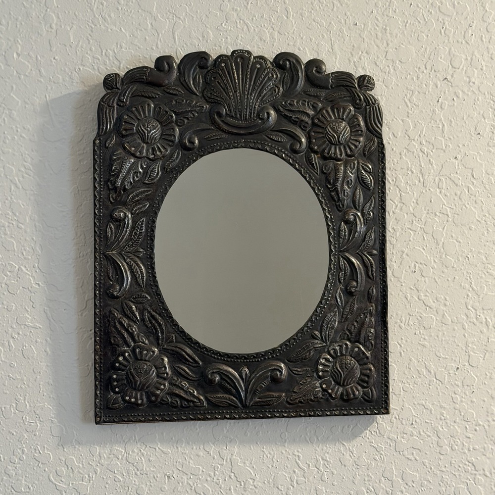 Vintage Mexican Tin Mirror Hammered Wall Art Artisan Handcrafted Floral Folk Art